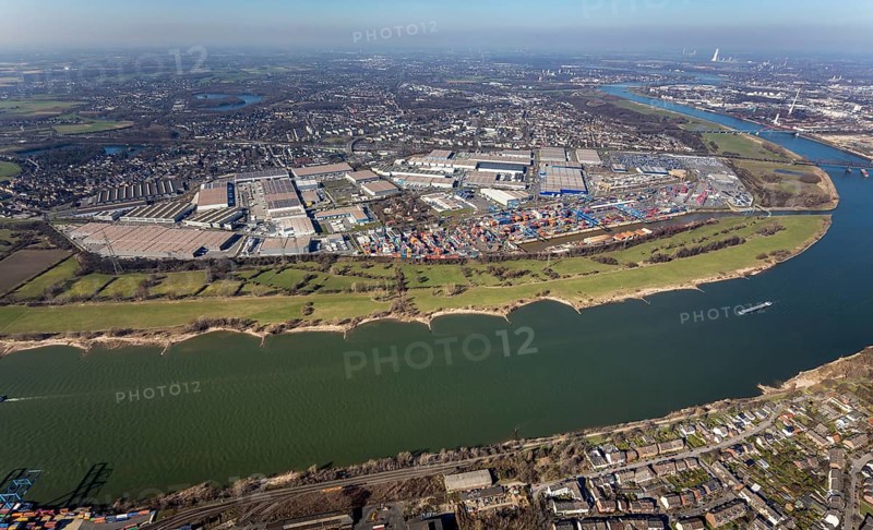 Aerial photo, Duisport, Duisburger Hafen AG, Logport I, container port, Rhine harbour, Friemersheim, Duisburg, Ruhr area, North Rhine-Westphalia, Germany, DE, Europe, birds-eyes view, aerial photograph, aerial photography, aerial photography, overview, bird's-eye view