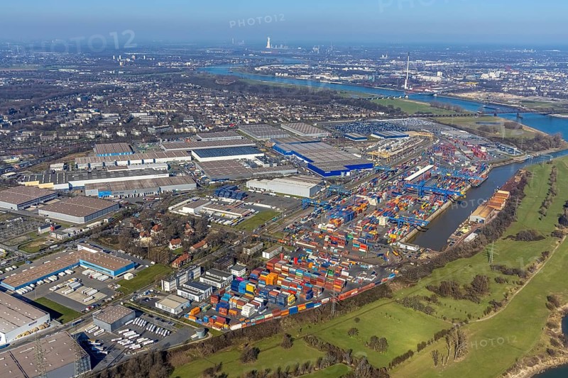 Aerial photo, Duisport, Duisburger Hafen AG, Logport I, container port, Rhine harbour, Friemersheim, Duisburg, Ruhr area, North Rhine-Westphalia, Germany, DE, Europe, birds-eyes view, aerial photograph, aerial photography, aerial photography, overview, bird's-eye view