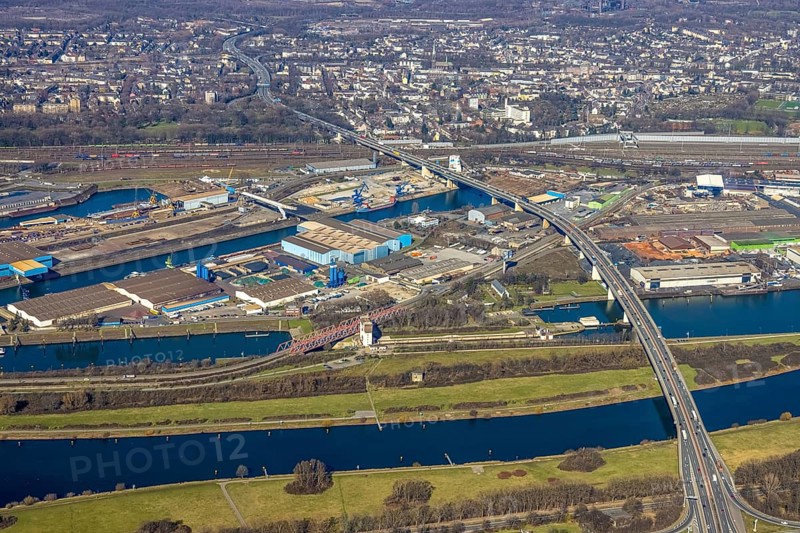Aerial view, Duisburg harbour, coal island, Duisport, Rhine-Herne Canal, Ruhr, fisheye image, Ruhrort, Duisburg, Ruhr area, North Rhine-Westphalia, Germany, DE, Europe, birds-eyes view, aerial photography, aerial photography, overview, overview, bird's eye view