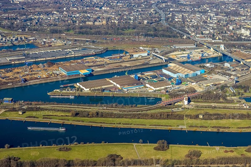 Aerial view, Duisburg harbour, coal island, Duisport, Rhine-Herne Canal, Ruhr, fisheye image, Ruhrort, Duisburg, Ruhr area, North Rhine-Westphalia, Germany, DE, Europe, birds-eyes view, aerial photography, aerial photography, overview, overview, bird's eye view