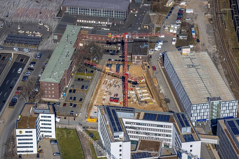 Aerial view, construction site Wuhanstraße Quartier 1, federal police building, new building Duisburg City Office, University of Applied Sciences for Public Administration, Dellviertel, Duisburg, Ruhr area, North Rhine-Westphalia, Germany, B&B Hotel, construction work, construction, construction area, building site, building plots, construction project, construction project, construction site, DCO, DE, Europe, gastronomy, commercial enterprises, commercial area, commercial location, commercial use, hotel, hotel facilities, hotel industry, Lanuv, aerial view, aerial photography, aerial photography, new building, overview, bird's-eye view, birds-eyes view, overview