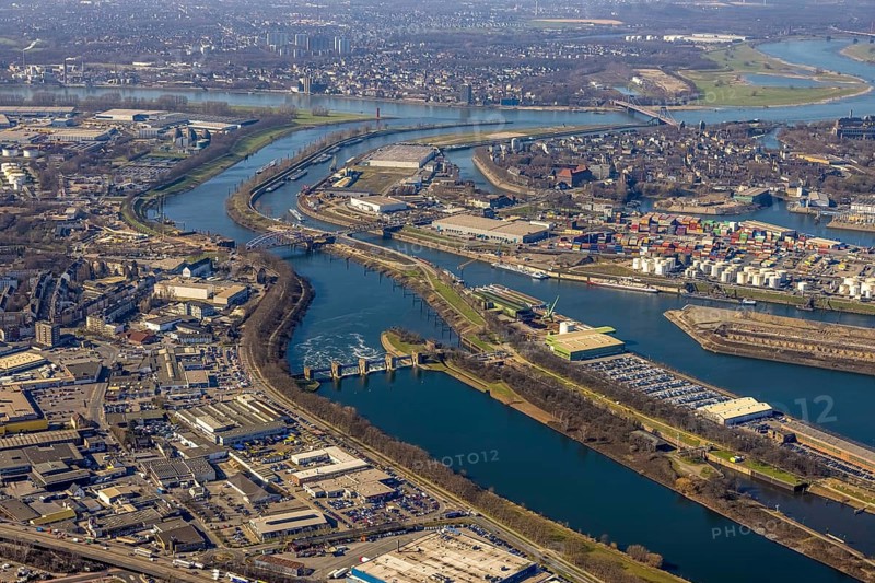 Aerial view, Duisburg harbour, coal island, Duisport, Rhine-Herne Canal, Ruhr, fisheye image, Ruhrort, Duisburg, Ruhr area, North Rhine-Westphalia, Germany, DE, Europe, birds-eyes view, aerial photography, aerial photography, overview, overview, bird's eye view