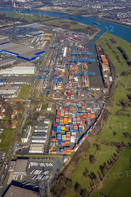 Aerial photo, Duisport, Duisburger Hafen AG, Logport I, container port, Rhine harbour, Friemersheim, Duisburg, Ruhr area, North Rhine-Westphalia, Germany, DE, Europe, birds-eyes view, aerial photograph, aerial photography, aerial photography, overview, bird's eye view