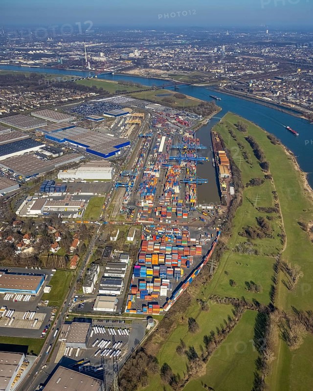 Aerial photo, Duisport, Duisburger Hafen AG, Logport I, container port, Rhine harbour, Friemersheim, Duisburg, Ruhr area, North Rhine-Westphalia, Germany, DE, Europe, birds-eyes view, aerial photograph, aerial photography, aerial photography, overview, bird's eye view