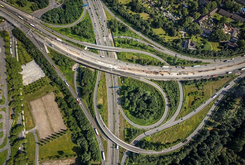Aerial view, motorway junction Duisburg-Nord, A42 and A59, Obermeiderich, Duisburg, Ruhr area, North Rhine-Westphalia, Germany, motorway A42, motorway A59, motorway junction, DE, Europe, aerial view, aerial photography, aerial photography, road traffic, overview, traffic volume, bird's eye view, birds-eyes view, overview