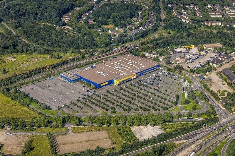 Aerial view, Ikea furniture store at Duisburg-Nord motorway junction, A42 and A59, Obermeiderich, Duisburg, Ruhr area, North Rhine-Westphalia, Germany, A42 motorway, A59 motorway, motorway junction, DE, furniture store, Europe, commercial enterprises, commercial space, commercial area, commercial location, commercial use, industrial area, industrial location, aerial view, aerial photography, aerial photography, furniture store, road traffic, overview, traffic volume, bird's eye view, birds-eyes view, overview