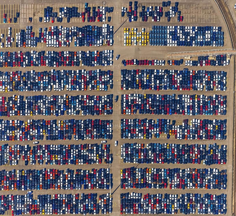 Aerial view, new car dump, export cars, import cars, Duisport, Duisburger Hafen AG, Logport I, container port, Rhine harbour, Friemersheim, Duisburg, Ruhr area, North Rhine-Westphalia, Germany, DE, Europe, birds-eyes view, aerial photography, aerial photography, overview, bird's eye view