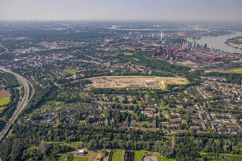 Aerial view, brownfield revitalisation commercial area Friedrich-Park, planned thoroughfare, DITIB Merkez Mosque, Marxloh, Duisburg, Ruhr area, North Rhine-Westphalia, Germany, place of worship, construction work, construction area, building site, building plots, construction project, DE, Europe, commercial enterprises, commercial area, commercial area, commercial park, commercial site, commercial use, religious community, place of worship, holy place, industrial area, industrial site, church, parish, denomination, aerial view, aerial photography, aerial photography, religion, religious site, overview, bird's-eye view, birds-eyes view, overview