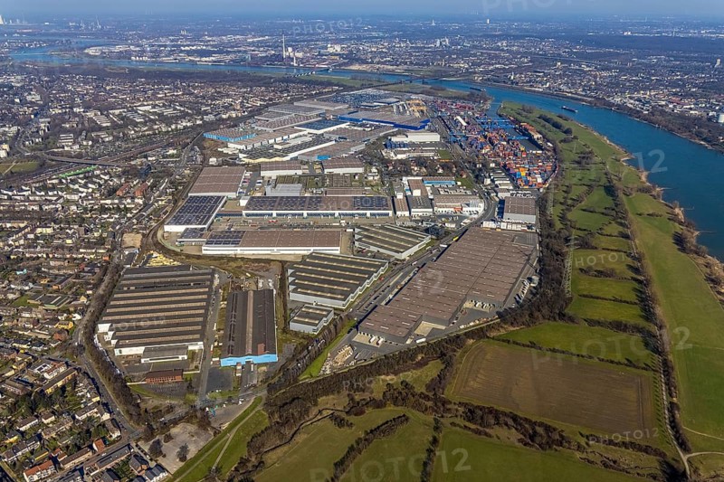 Aerial photo, Duisport, Duisburger Hafen AG, Logport I, container port, Rhine harbour, Friemersheim, Duisburg, Ruhr area, North Rhine-Westphalia, Germany, DE, Europe, birds-eyes view, aerial photograph, aerial photography, aerial photography, overview, bird's eye view