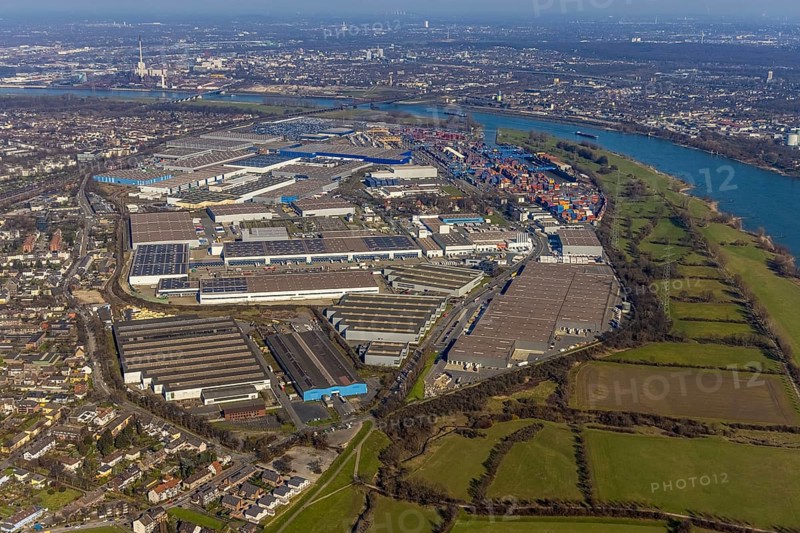 Aerial photo, Duisport, Duisburger Hafen AG, Logport I, container port, Rhine harbour, Friemersheim, Duisburg, Ruhr area, North Rhine-Westphalia, Germany, DE, Europe, birds-eyes view, aerial photograph, aerial photography, aerial photography, overview, bird's eye view