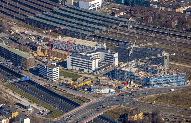 Aerial view, construction site Wuhanstraße Quartier 1, new building Duisburg City Office, University of Applied Sciences for Public Administration, State Office for Nature Environment and Consumer Protection North Rhine-Westphalia Lanuv, new office building, Dellviertel, Duisburg, Ruhr area, North Rhine-Westphalia, Germany, B&B Hotel, construction work, construction, construction area, construction site, building site, building project, construction project, construction site, DCO, DE, Europe, gastronomy, commercial enterprises, commercial area, commercial location, commercial use, hotel, hotel facilities, hotel industry, Lanuv, aerial view, aerial photography, aerial photography, new building, overview, bird's eye view, Zum Portsmouthplatz, birds-eyes view, overview