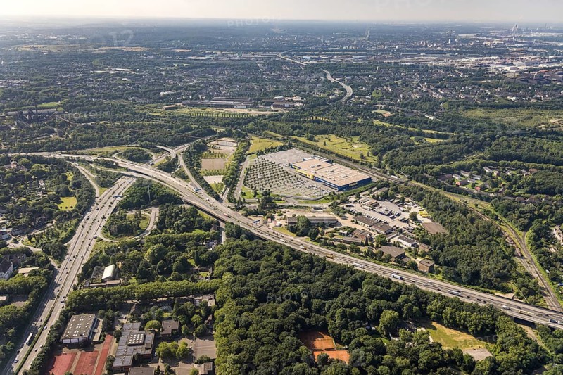 Aerial view, Ikea furniture store at Duisburg-Nord motorway junction, A42 and A59, Obermeiderich, Duisburg, Ruhr area, North Rhine-Westphalia, Germany, motorway A42, motorway A59, motorway junction, DE, furniture store, Europe, commercial enterprises, commercial area, commercial location, commercial use, industrial area, industrial location, aerial view, aerial photography, aerial photography, furniture store, road traffic, overview, traffic volume, bird's eye view, birds-eyes view, overview