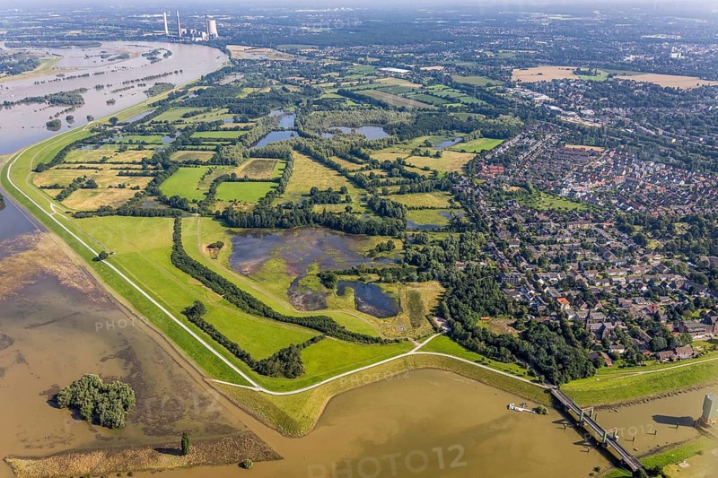 Aerial view, flood river Rhine, flooding floodplain Rhine Walsum, lift bridge Königstraße Walsum at the north harbour Walsum, Alt-Walsum, Duisburg, Ruhr area, North Rhine-Westphalia, Germany, bridge, DE, Europe, flood, flood of the century, landscape conservation area, aerial photograph, aerial photography, aerial photography, nature reserve, water level Duisburg, Rhine flood, heavy rain, overview, bird's eye view, overview, flooding