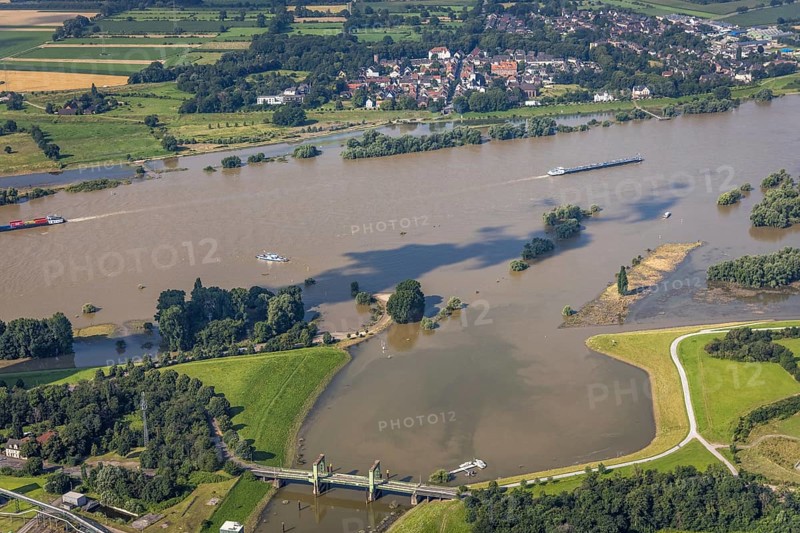 Aerial view, flood river Rhine, flooding floodplain Rhine Walsum, lift bridge Königstraße Walsum at the north harbour Walsum, Alt-Walsum, Duisburg, Ruhr area, North Rhine-Westphalia, Germany, bridge, container ships, DE, Europe, flood, flood of the century, landscape conservation area, aerial view, aerial photography, aerial photography, nature reserve, water level Duisburg, Rhine flood, shipping, heavy rain, overview, bird's eye view, birds-eyes view, overview, flooding