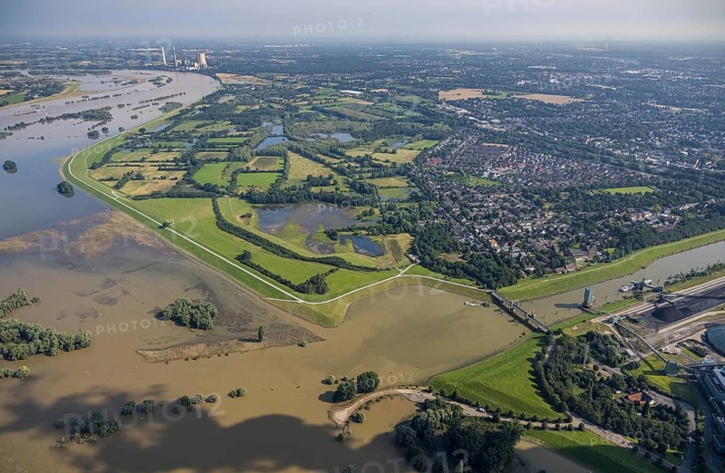 Aerial view, flood river Rhine, north harbour Walsum, Rheinaue and Alt-Walsum with view to STEAG power plant Voerde, Bärl, Duisburg, Ruhr area, North Rhine-Westphalia, Germany, DE, Europe, flood, flood of the century, power plant, aerial view, aerial photography, aerial photography, gauge Duisburg, Rhine flood, heavy rain, overview, bird's-eye view, overview, flooding