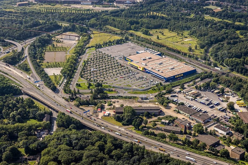 Aerial view, Ikea furniture store at Duisburg-Nord motorway junction, A42 and A59, Obermeiderich, Duisburg, Ruhr area, North Rhine-Westphalia, Germany, motorway A42, motorway A59, motorway junction, DE, furniture store, Europe, commercial enterprises, commercial area, commercial location, commercial use, industrial area, industrial location, aerial view, aerial photography, aerial photography, furniture store, road traffic, overview, traffic volume, bird's eye view, birds-eyes view, overview