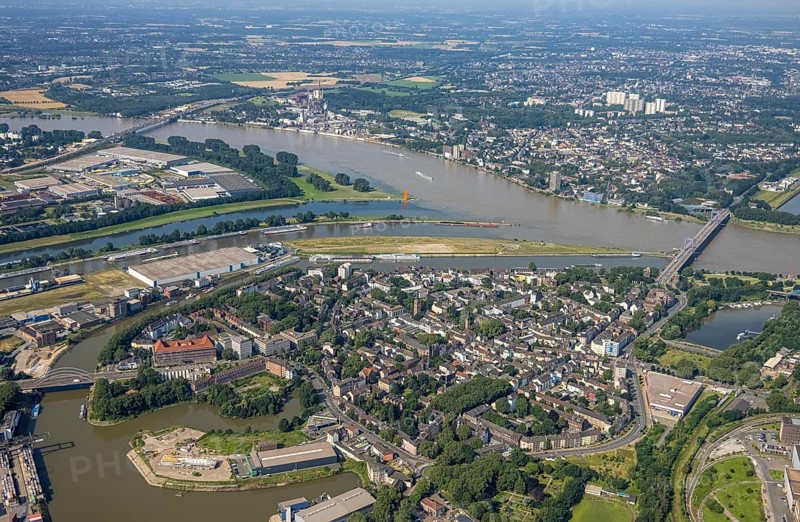 Aerial view, flood river Rhine, Ruhr estuary into the Rhine, Friedrich-Ebert-Bridge, Rhine orange sculpture, Ruhrort, Duisburg, Ruhr area, North Rhine-Westphalia, Germany, bridge, DE, Europe, flood, flood of the century, art, aerial view, aerial photography, aerial photography, water level Duisburg, Rhine flood, sight, heavy rain, overview, bird's-eye view, overview, flooding