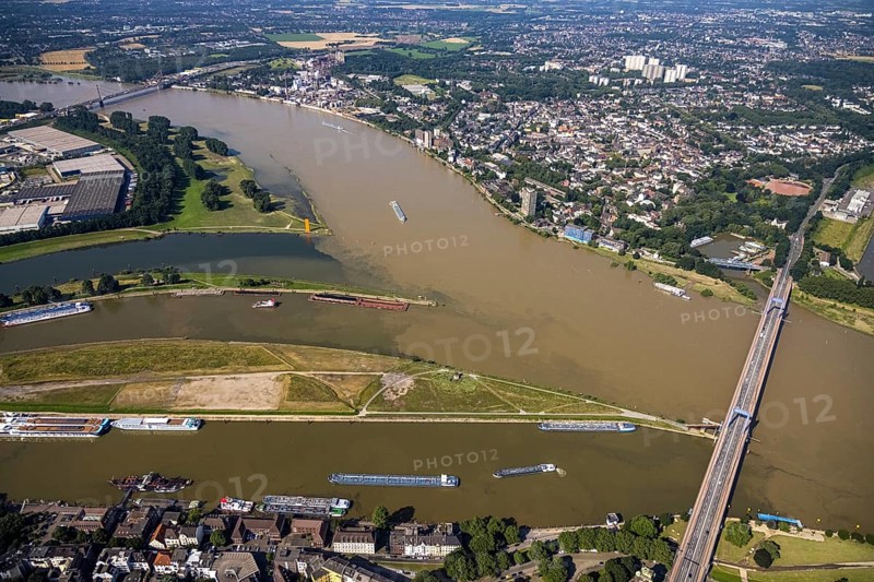 Aerial view, flood river Rhine, Ruhr estuary into the Rhine, Friedrich-Ebert-Bridge, Rhine orange sculpture, Ruhrort, Duisburg, Ruhr area, North Rhine-Westphalia, Germany, bridge, DE, Europe, flood, flood of the century, art, aerial view, aerial photography, aerial photography, water level Duisburg, Rhine flood, sight, heavy rain, overview, bird's-eye view, overview, flooding