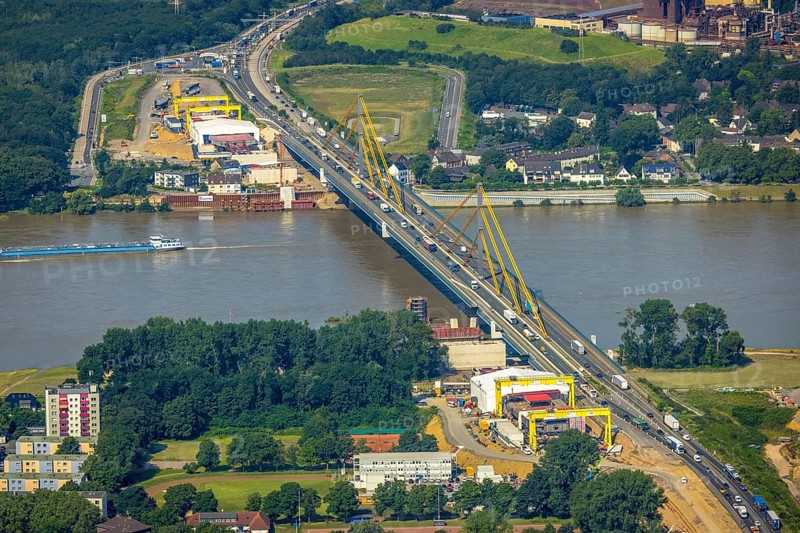 Aerial view, construction site at the A40 Rhine bridge Neuenkamp, river Rhine, Alt-Homberg, Duisburg, Ruhr area, North Rhine-Westphalia, Germany, DE, Europe, aerial view, aerial photography, aerial photography, overview, bird's-eye view, overview