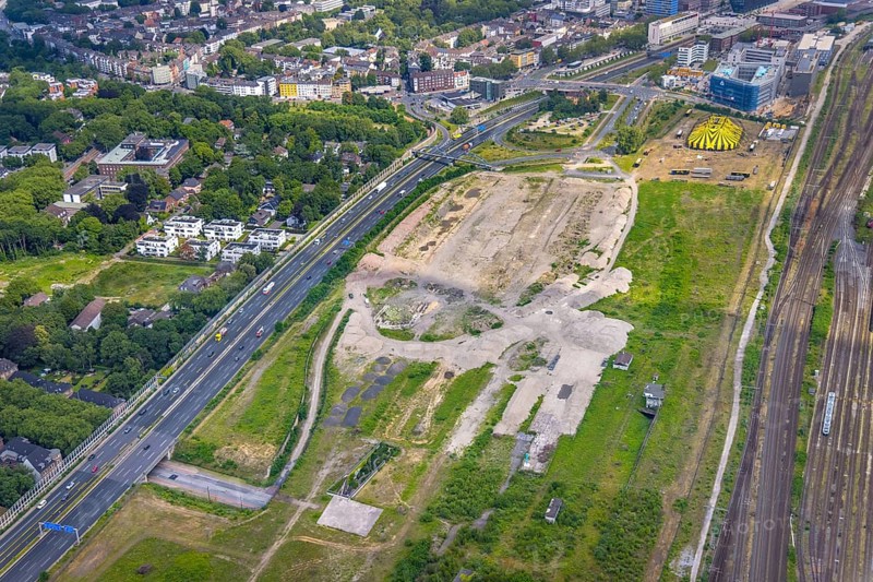 Aerial view, site Alter Güterbahnhof, Duisburger Freiheit, design name Duisburger Dünen, Dellviertel, Duisburg, Ruhr area, North Rhine-Westphalia, Germany, construction site, DE, development site, Europe, aerial view, aerial photography, aerial photography, overview, bird's-eye view, overview