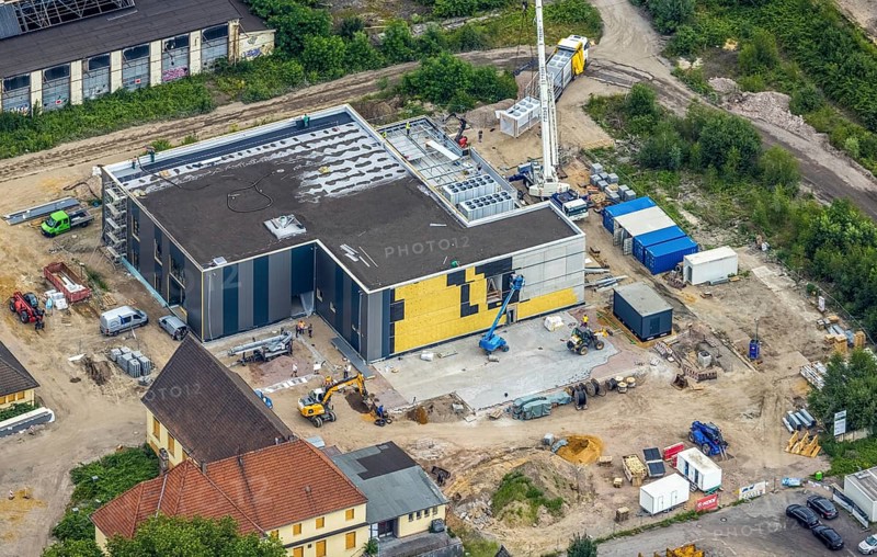 Aerial view, construction site at the repair works Wedau, Werkstättenstraße, Wedau, Duisburg, Ruhr area, North Rhine-Westphalia, Germany, construction work, construction area, building site, building plots, construction project, construction site, DE, railway workshop, Europe, aerial view, aerial photography, aerial photography, overview, bird's-eye view, overview