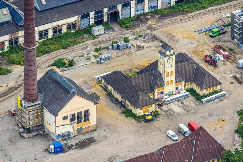 Aerial view, construction site at the repair works Wedau, Werkstättenstraße, Wedau, Duisburg, Ruhr area, North Rhine-Westphalia, Germany, construction work, construction area, building site, building plots, construction project, construction site, DE, railway workshop, Europe, aerial view, aerial photography, aerial photography, overview, bird's-eye view, overview