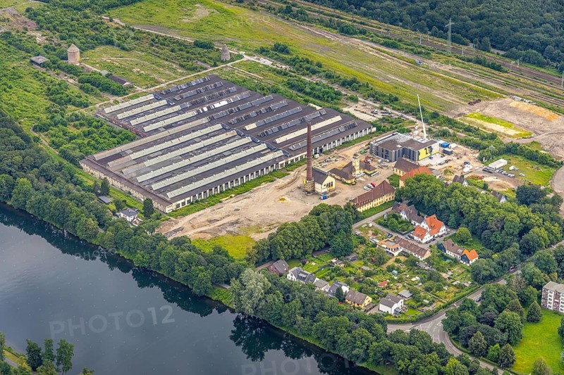 Aerial view, construction site at the repair works Wedau, Werkstättenstraße, Wedau, Duisburg, Ruhr area, North Rhine-Westphalia, Germany, construction work, construction area, building site, building plots, construction project, construction site, DE, railway workshop, Europe, aerial view, aerial photography, aerial photography, overview, bird's-eye view, overview