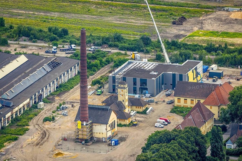Aerial view, construction site at the repair works Wedau, Werkstättenstraße, Wedau, Duisburg, Ruhr area, North Rhine-Westphalia, Germany, construction work, construction area, building site, building plots, construction project, construction site, DE, railway workshop, Europe, aerial view, aerial photography, aerial photography, overview, bird's-eye view, overview