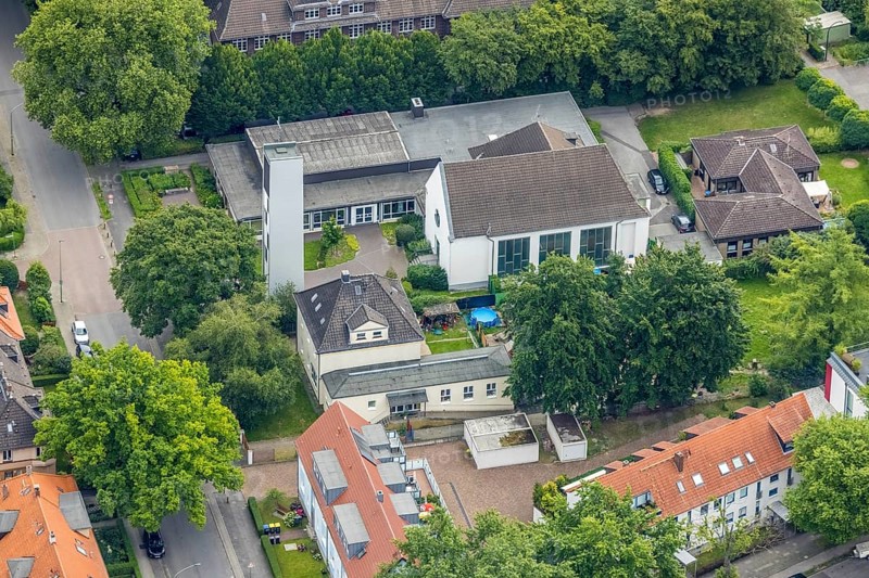 Aerial view, evang. Trinitatis Kirche am See, Wedau, Duisburg, Ruhr area, North Rhine-Westphalia, Germany, place of worship, DE, Europe, religious community, place of worship, holy place, church, parish, denomination, aerial view, aerial photography, aerial photography, religion, religious site, overview, bird's-eye view, overview
