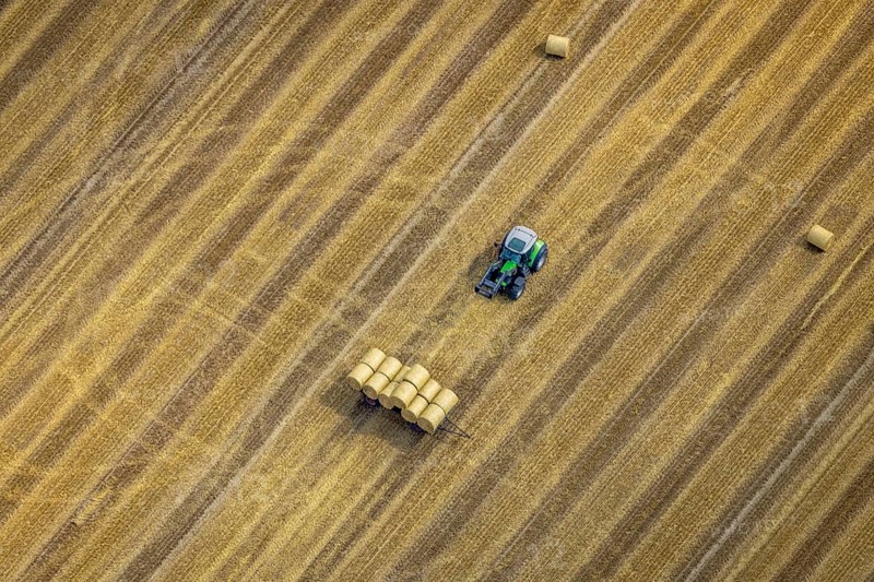 Aerial view, tractor harvesting grass, Mündelheim, Duisburg, Ruhr area, North Rhine-Westphalia, Germany, DE, Europe, grass bales, aerial view, aerial photography, aerial photography, overview, bird's eye view, meadows and fields, birds-eyes view, overview