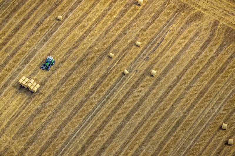 Aerial view, tractor harvesting grass, Mündelheim, Duisburg, Ruhr area, North Rhine-Westphalia, Germany, DE, Europe, grass bales, aerial view, aerial photography, aerial photography, overview, bird's eye view, meadows and fields, birds-eyes view, overview