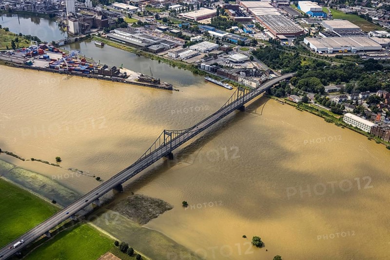 Aerial view, Krefeld-Uerdingen bridge, flood river Rhine, Ürdingen, Krefeld, Ruhr area, North Rhine-Westphalia, Germany, bridge, DE, Duisburg, Europe, flood, flood of the century, aerial view, aerial photography, aerial photography, aerial photography, water level Duisburg, Rhine flood, heavy rain, overview, bird's-eye view, overview, flooding