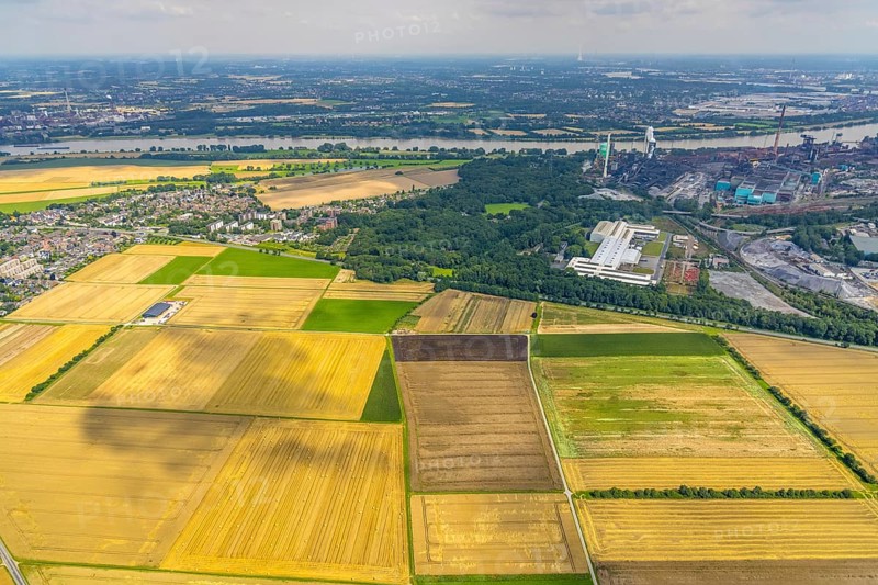Aerial view, meadows and fields in Mündelheim, Duisburg, Ruhr area, North Rhine-Westphalia, Germany, DE, Europe, Lanxess Chemion plant, aerial view, aerial photography, aerial photography, mosaic form, overview, bird's eye view, meadows and fields, birds-eyes view, overview