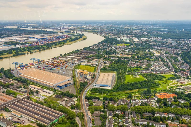 Aerial view, Tiger & Turtle - Magic Mountain and new logistics hall, Wanheim-Angerhausen, Duisburg, Ruhr area, North Rhine-Westphalia, Germany, Angerpark, DE, Europe, Heinrich-Hildebrand-Höhe, artwork, landmark, aerial view, aerial photography, aerial photography, sight, spiral sculpture, overview, bird's-eye view, overview