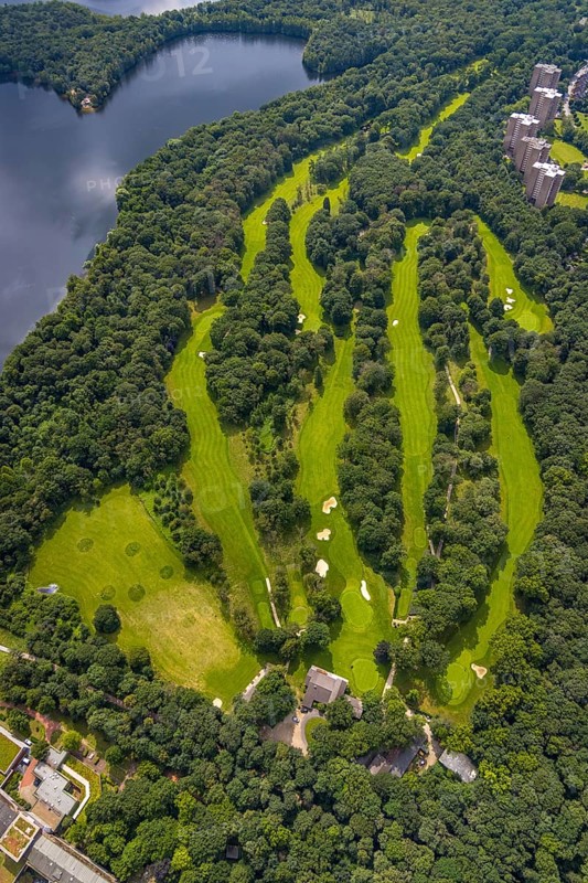 Aerial view, golf course Niederrheinischer Golfclub e.V. Duisburg, Großenbaum, Duisburg, Ruhr area, North Rhine-Westphalia, Germany, DE, Europe, golf, golf course, golf club, golf course, golf meadow, aerial photography, aerial photography, aerial photography, sports, overview, bird's-eye view, bird's-eye view, overview