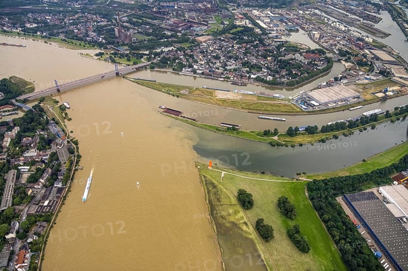 Aerial view, flood river Rhine, Ruhr estuary into the Rhine, Friedrich-Ebert-Bridge, Rhine orange sculpture, Ruhrort, Duisburg, Ruhr area, North Rhine-Westphalia, Germany, bridge, DE, Europe, flood, flood of the century, art, aerial view, aerial photography, aerial photography, water level Duisburg, Rhine flood, sight, heavy rain, overview, bird's-eye view, overview, flooding