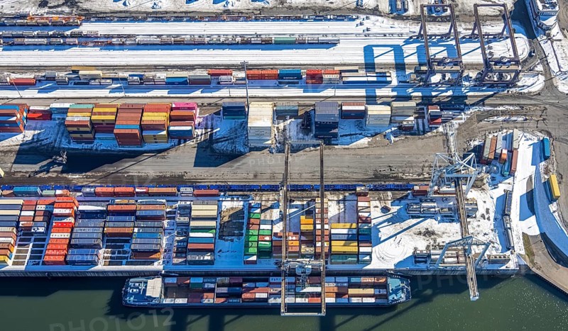 Aerial view, container harbour, northern harbour, Ruhrort, Duisburg, Ruhr area, North Rhine-Westphalia, Germany, container, DE, Europe, aerial view, aerial photography, aerial photography, snow, overview, bird's-eye view, winter, birds-eyes view, cleared roads, overview