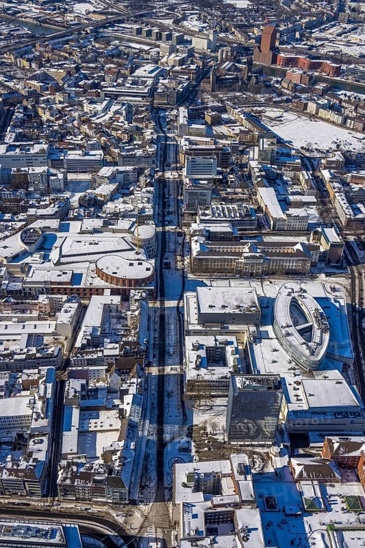 Aerial view, Landesarchiv North Rhine-Westphalia Abteilung Rheinland, Königstraße, brownfield Mercatorviertel Duisburg, Altstadt, Duisburg, Ruhr area, North Rhine-Westphalia, Germany, DE, Europe, culture, art, aerial view, aerial photography, aerial photography, Mercatorhalle Duisburg, snow, overview, events, venue, event location, event centre, bird's-eye view, winter, birds-eyes view, cleared streets, cultural use, overview