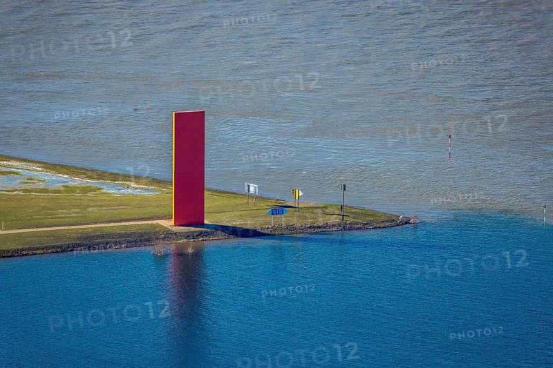 Aerial view, Sculpture Rhine orange, Sign in the landscape, Ruhr estuary into the Rhine, Ruhrort, Duisburg, Ruhr area, North Rhine-Westphalia, Germany, DE, Europe, culture, art, aerial view, aerial photography, aerial photography, snow, sculpture, overview, bird's eye view, winter, birds-eyes view, cleared roads, overview, flood, Rhine flood, winter flood