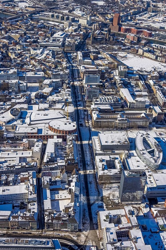 Aerial view, Landesarchiv North Rhine-Westphalia Abteilung Rheinland, Königstraße, brownfield Mercatorviertel Duisburg, Altstadt, Duisburg, Ruhr area, North Rhine-Westphalia, Germany, DE, Europe, culture, art, aerial view, aerial photography, aerial photography, Mercatorhalle Duisburg, snow, overview, events, venue, event location, event centre, bird's-eye view, winter, birds-eyes view, cleared streets, cultural use, overview
