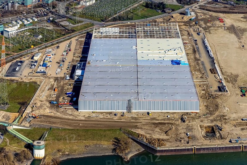 Aerial view, Logport 6, Duisport, near coal-fired power station Steak Walsum, Rhine, Alt-Walsum, Duisburg, Ruhr area, North Rhine-Westphalia, Germany, DE, Europe, birds-eyes view, aerial photograph, aerial photography, aerial photography, overview, bird's eye view