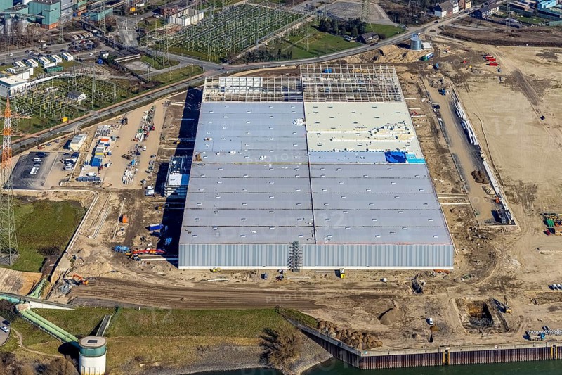 Aerial view, Logport 6, Duisport, near Steak Walsum coal-fired power station, Rhine, Alt-Walsum, Duisburg, Ruhr area, North Rhine-Westphalia, Germany