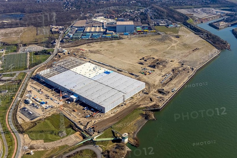 Aerial view, Logport 6, Duisport, near coal-fired power station Steak Walsum, Rhine, Alt-Walsum, Duisburg, Ruhr area, North Rhine-Westphalia, Germany, DE, Europe, birds-eyes view, aerial photograph, aerial photography, aerial photography, overview, bird's eye view