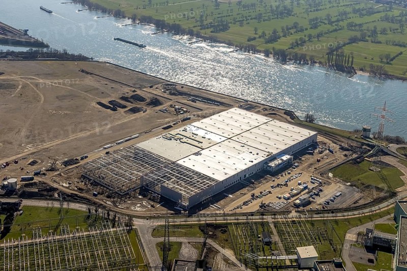 Aerial view, Logport 6, Duisport, near coal-fired power station Steak Walsum, Rhine, Alt-Walsum, Duisburg, Ruhr area, North Rhine-Westphalia, Germany, DE, Europe, birds-eyes view, aerial photograph, aerial photography, aerial photography, overview, bird's eye view