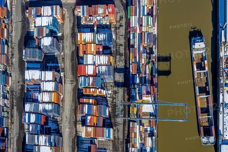 Aerial view, logport I, terminal, container port, DIT Duisburg Intermodal Terminal GmbH, D3T Duisburg Trimodal Terminal, river Rhine, Rheinhausen, Duisburg, Ruhr area, North Rhine-Westphalia, Germany, container, container terminal, container service, DE, Port of Duisburg, Duisport, Europe, freight traffic, port, port area, logistics, logistics centre, aerial view, aerial photography, aerial photography, snow, transport, transport service, overview, bird's-eye view, winter, birds-eyes view, overview
