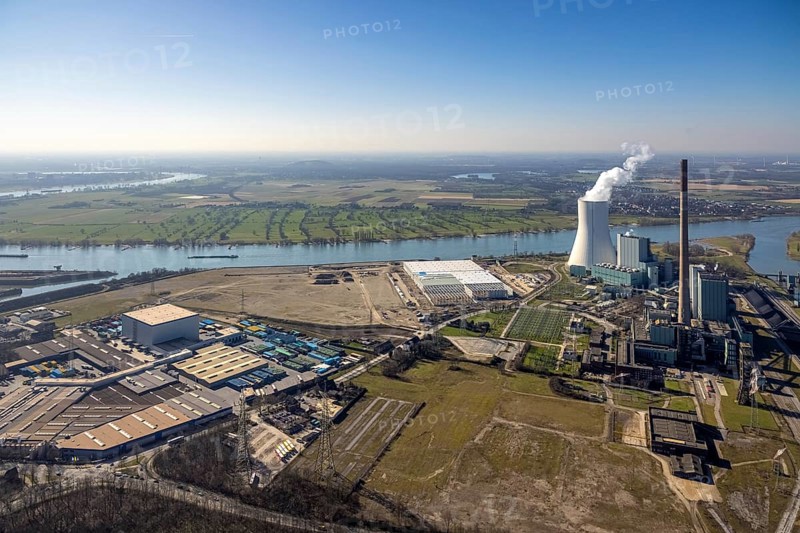 Aerial view, Logport 6, Duisport, near coal-fired power station Steak Walsum, Rhine, Alt-Walsum, Duisburg, Ruhr area, North Rhine-Westphalia, Germany, DE, Europe, birds-eyes view, aerial photograph, aerial photography, aerial photography, overview, bird's eye view