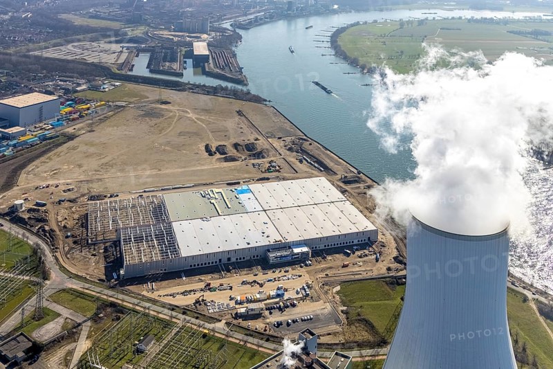 Aerial view, Logport 6, Duisport, near coal-fired power station Steak Walsum, Rhine, Alt-Walsum, Duisburg, Ruhr area, North Rhine-Westphalia, Germany, DE, Europe, birds-eyes view, aerial photograph, aerial photography, aerial photography, overview, bird's eye view