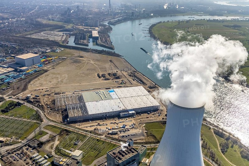 Aerial view, Logport 6, Duisport, near coal-fired power station Steak Walsum, Rhine, Alt-Walsum, Duisburg, Ruhr area, North Rhine-Westphalia, Germany, DE, Europe, birds-eyes view, aerial photograph, aerial photography, aerial photography, overview, bird's eye view