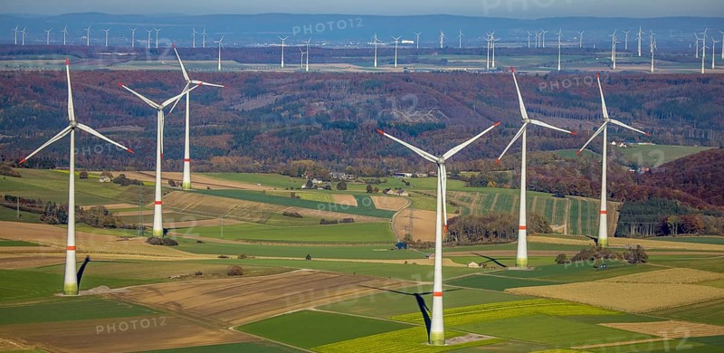 Aerial view, distant view and wind farm in Brilon, Sauerland, North Rhine-Westphalia, Germany, Brilon, DE, Europe, distant view, aerial view, aerial photography, aerial photography, overview, bird's-eye view, WEA, wind energy, wind turbine, wind farm, wind power, wind turbine, wind park, wind turbines, birds-eyes view, overview