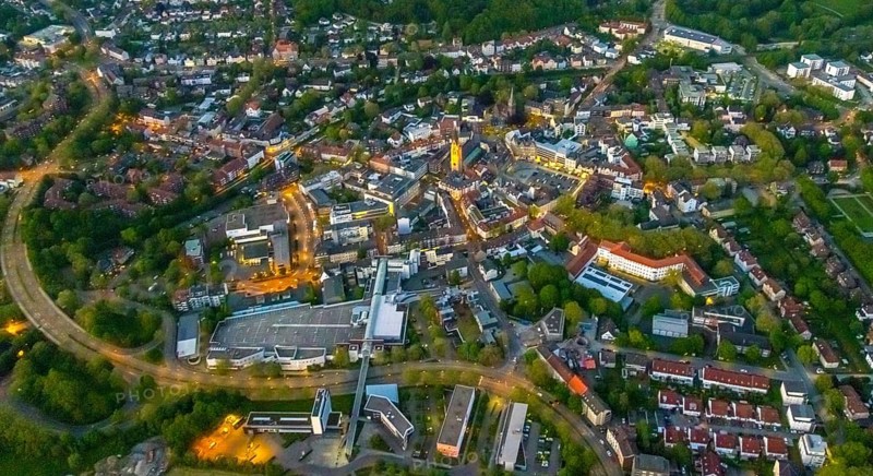 Aerial view, city centre and old town market with catholic church St. Lambertus, Castrop-Rauxel, Ruhr area, North Rhine-Westphalia, Germany, Old Town, Old Town view, Am Markt, outdoor lighting, City, DE, twilight, Europe, city centre, light pollution, aerial view, aerial photography, aerial photography, night aerial view, townscape, city centre, streetlights, street lamps, overview, bird's eye view, illuminated, illuminated houses, illuminated house, birds-eyes view, artificial light, night, nightflight, overview